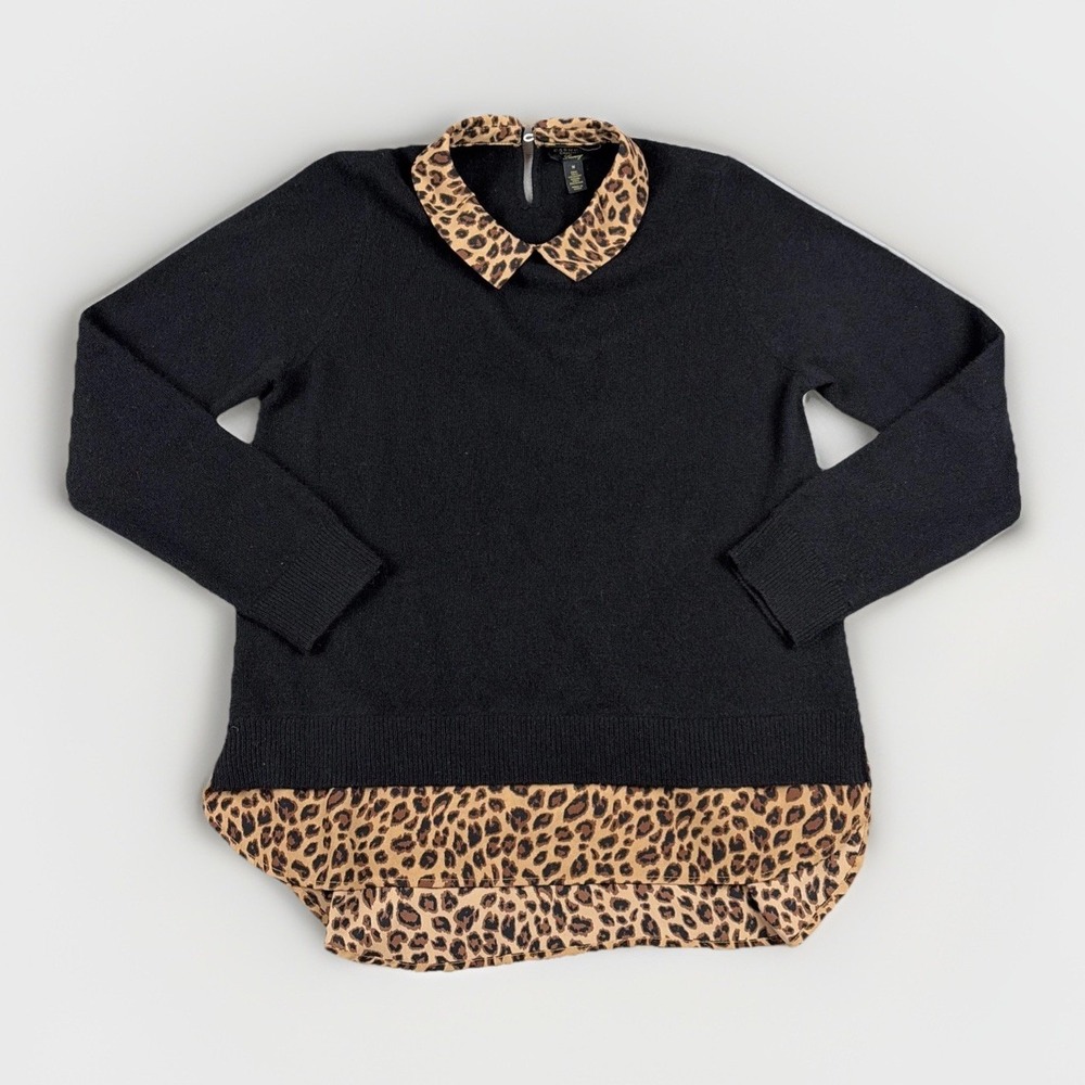 Charter Club Cashmere Sweater Womens Medium Black Leopard Print Layered Look